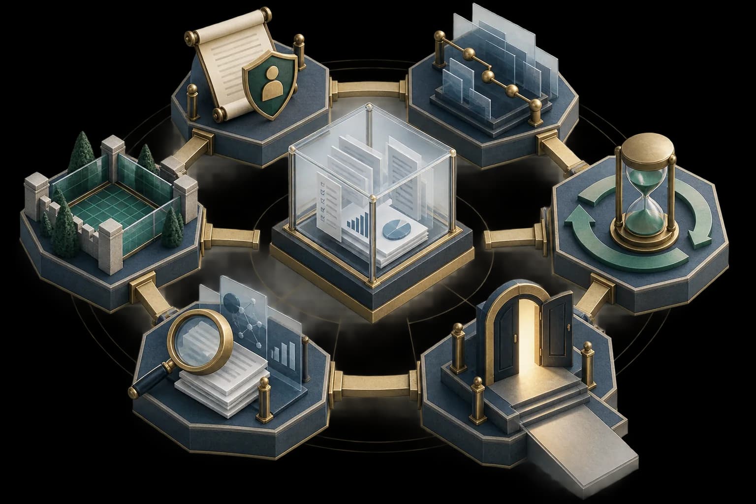 Six safeguards form a ring around a transparent, reviewable financial evidence package.