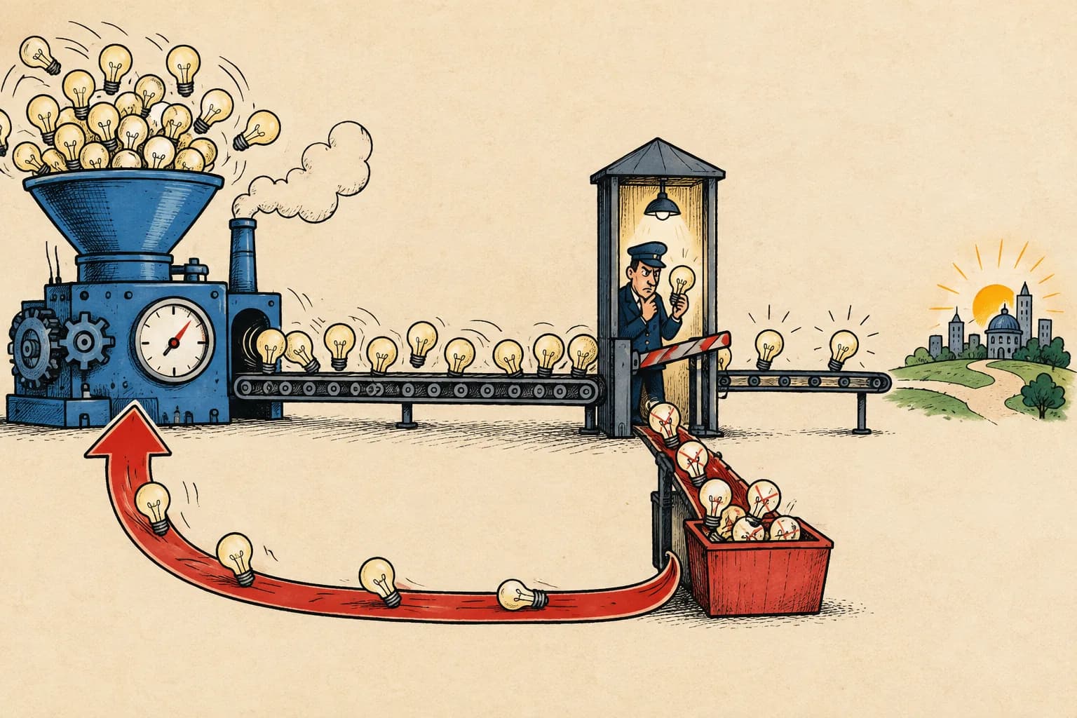 A machine produces ideas quickly while a narrow reviewer checkpoint accepts only a few and returns the rest for rework.
