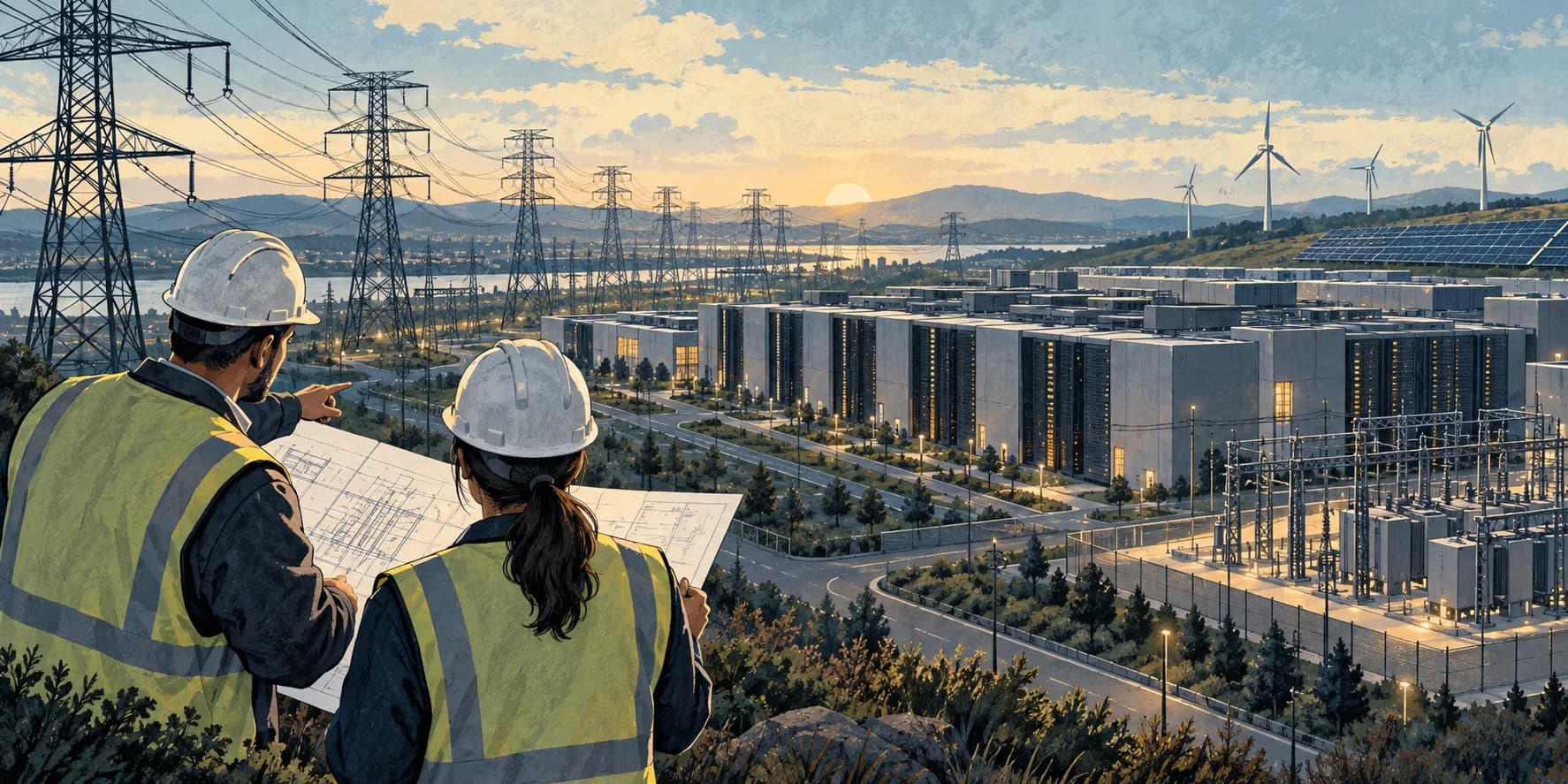 Editorial illustration of utility engineers examining a data-center campus, electrical transmission lines, and energy supply.