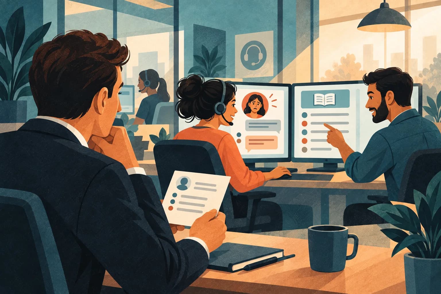 A support lead coaches an agent through a customer escalation while a manager compares actual work with the earlier interview evidence.