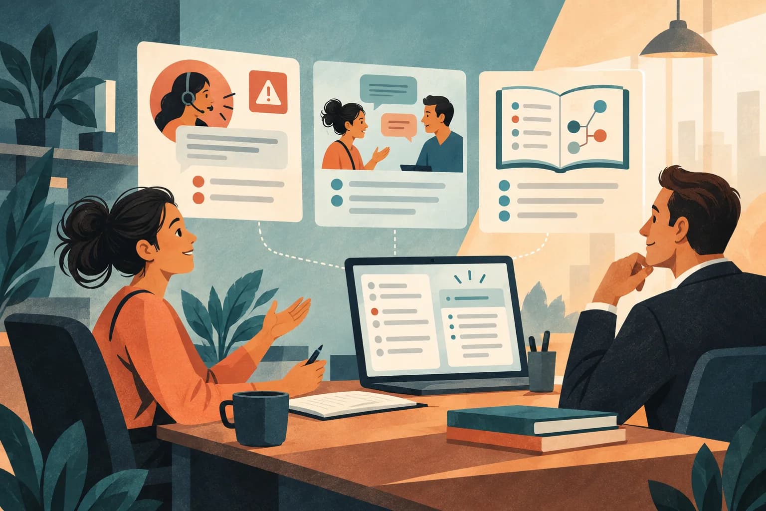 A hiring manager and support team member review an escalated case, a coaching conversation, and a playbook while drafting the role.