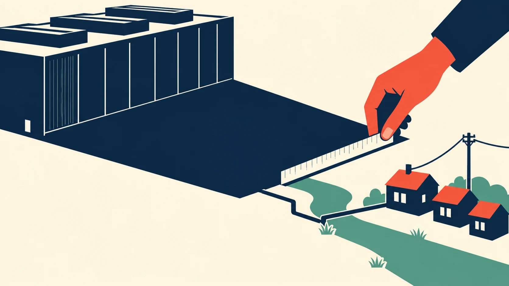 Flat graphic illustration of a data center casting a shadow toward nearby houses while a person measures its reach beside a power line and water channel.