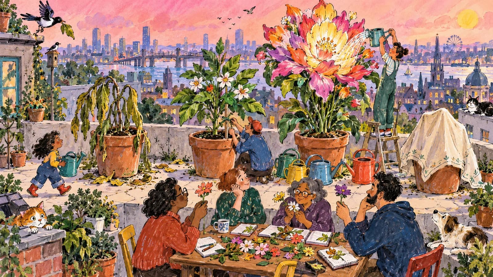 Hand-painted rooftop garden where reviewers compare three plants grown for the same test: one droops, one thrives, and one brilliant bloom needs extra watering; a fourth pot remains covered.