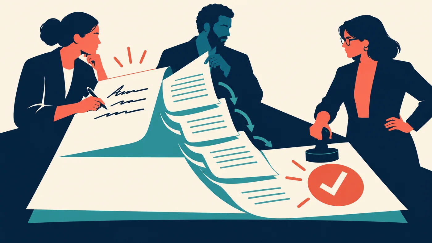 Three illustrated colleagues move a human-written brief through proposed document updates to a final human review.