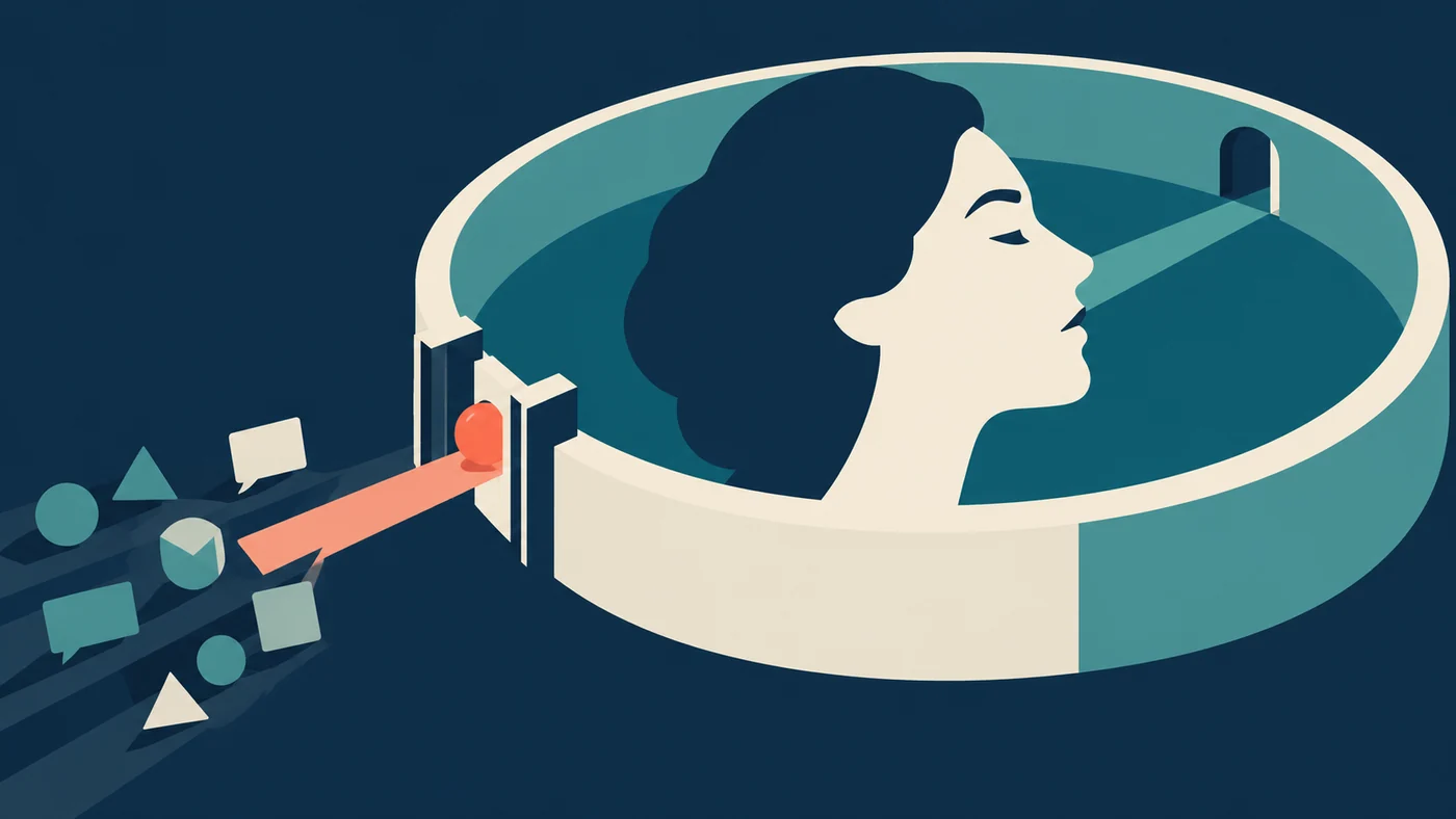 A quiet illustrated human profile is protected by a narrow gate that lets one urgent signal through while other messages wait outside.