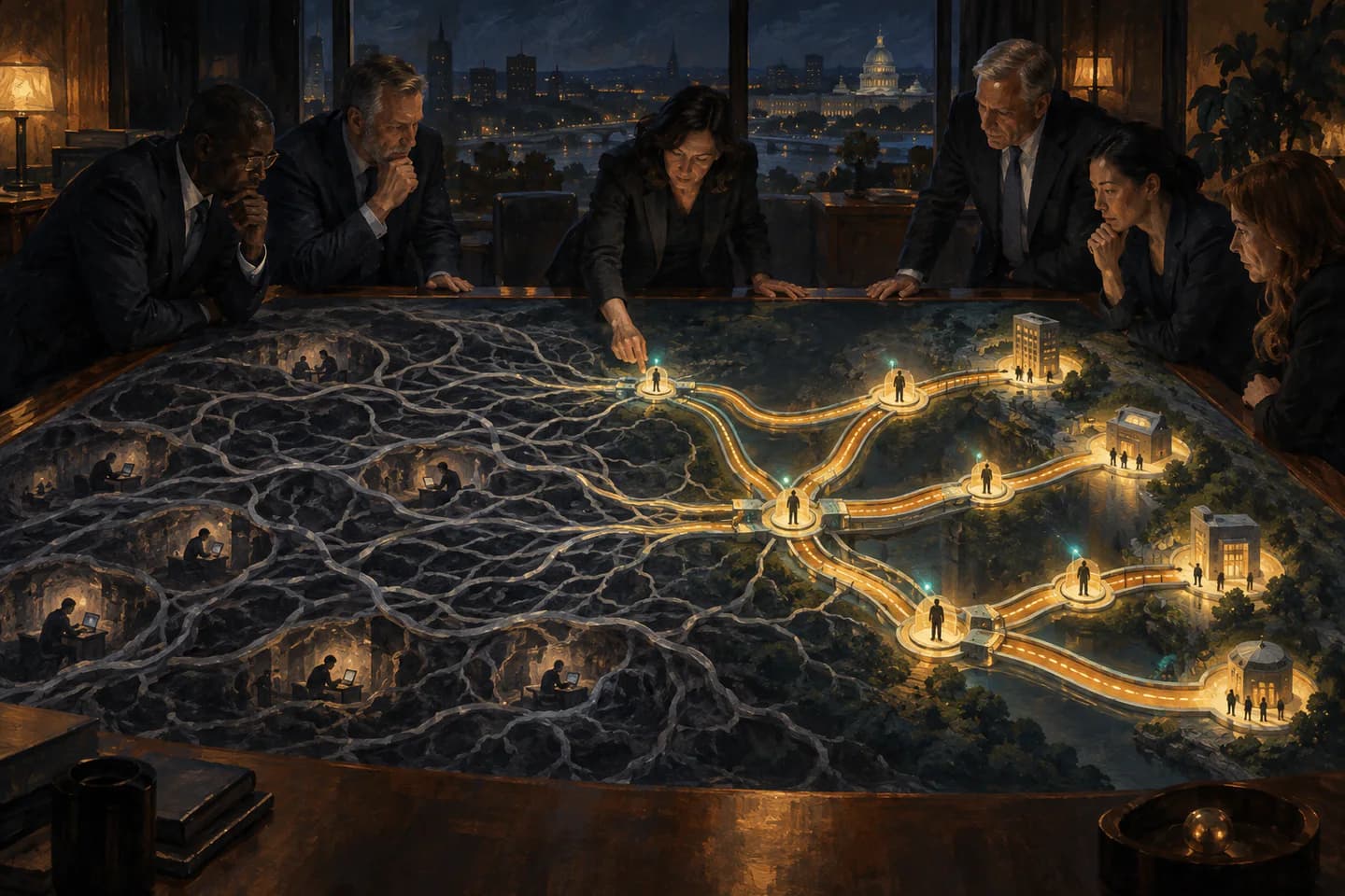 Executives study a map where hidden paths converge into approved operating lanes with human checkpoints.