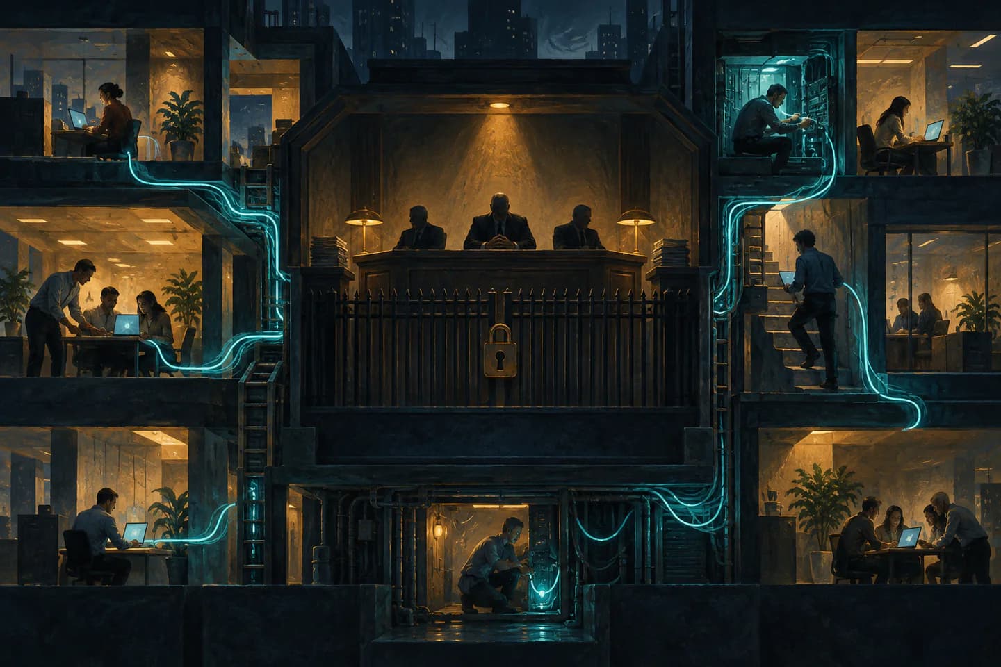 A locked central approval office surrounded by working teams connected through unofficial illuminated paths.