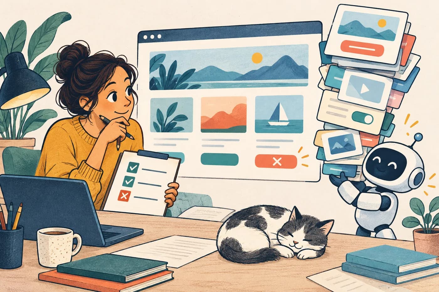 Cartoon teammate checks a web page while a friendly AI helper offers a tall stack of draft screens.
