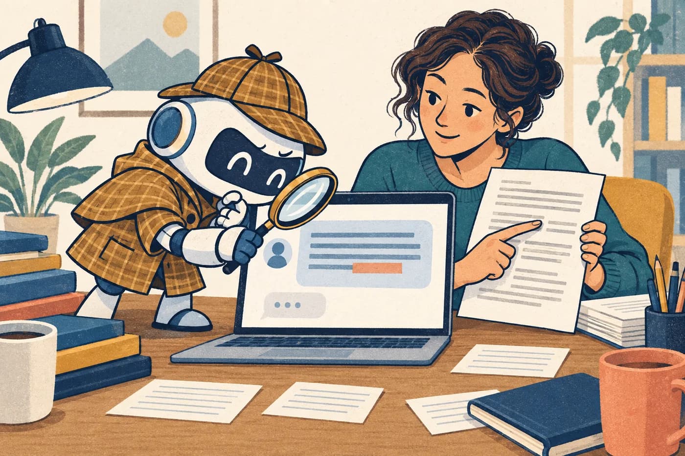 Cartoon AI detective examines a draft while a human reviewer points to a source document.