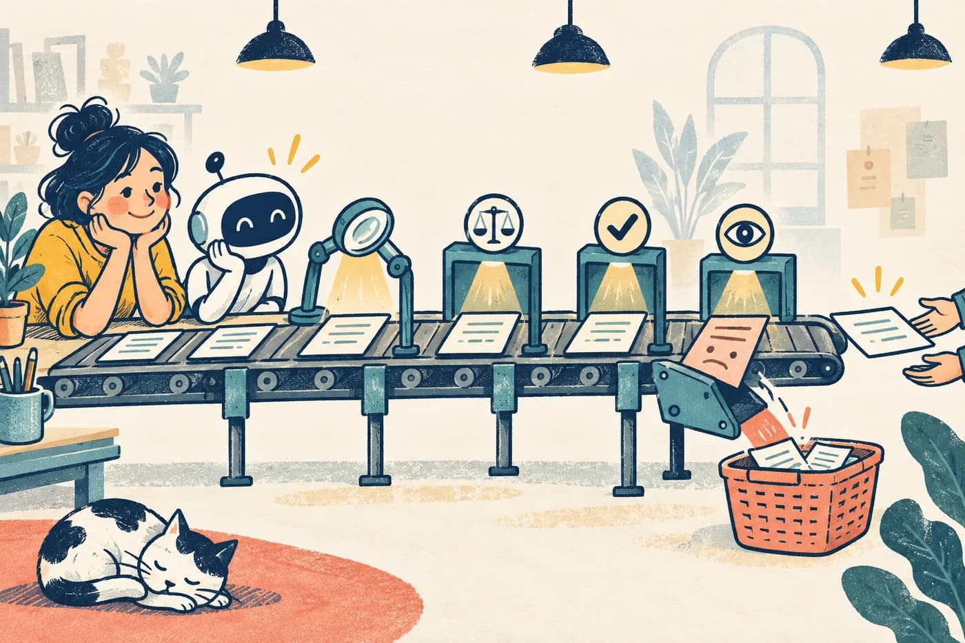 Cartoon conveyor carries draft pages through inspection gates while an incorrect page is diverted for review.