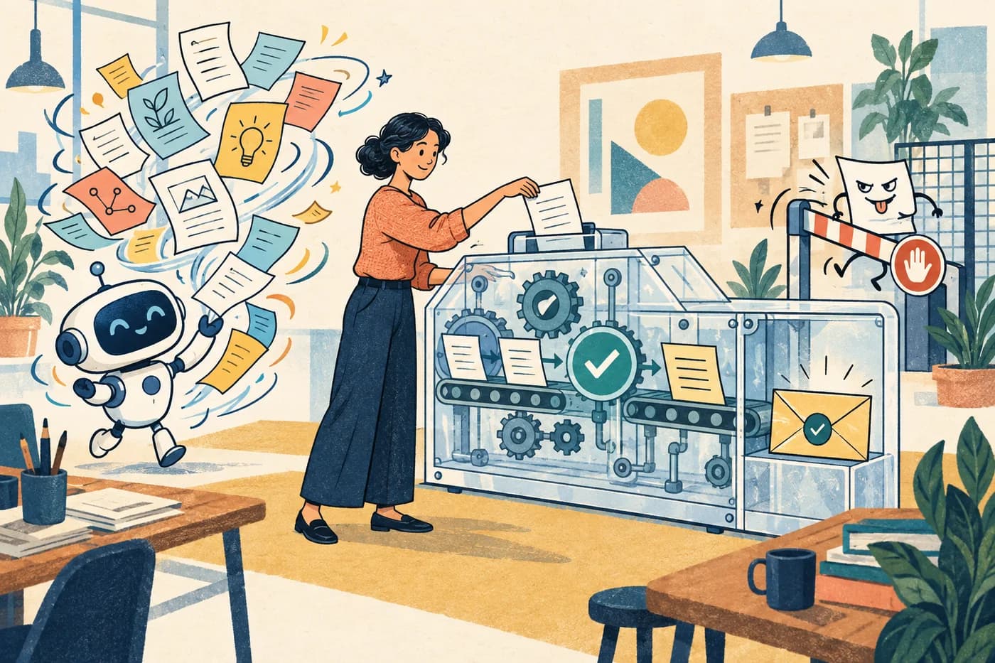 Cartoon teammate feeds an AI draft through a transparent machine of checks while a mischievous bad draft is stopped.