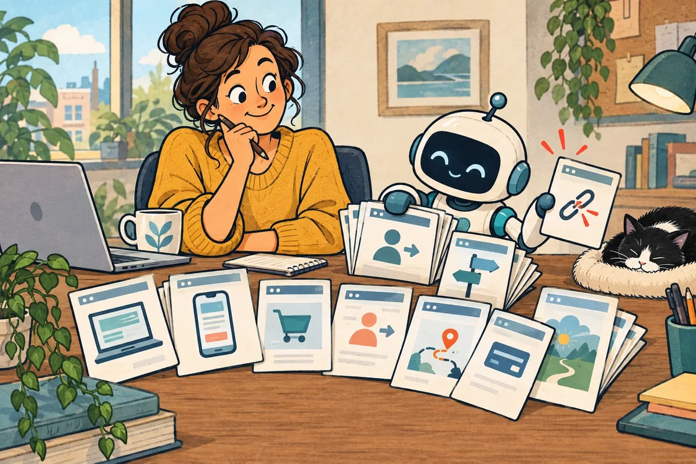 Cartoon tester and AI helper sort many web-page cards, flagging one for review.