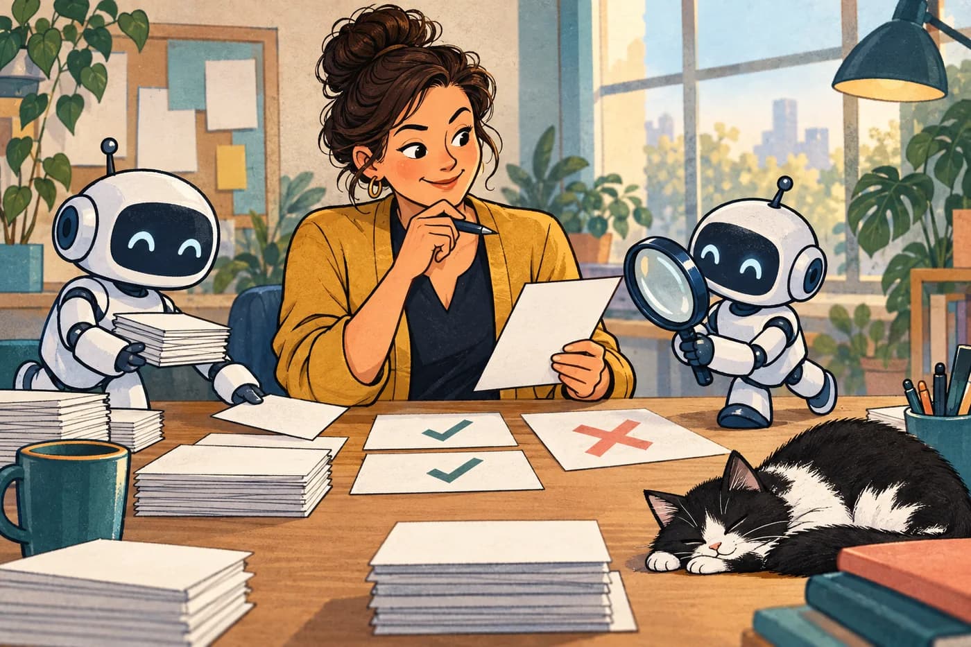 Cartoon quality lead directs two friendly AI helpers that sort test cards and inspect a suspicious draft.