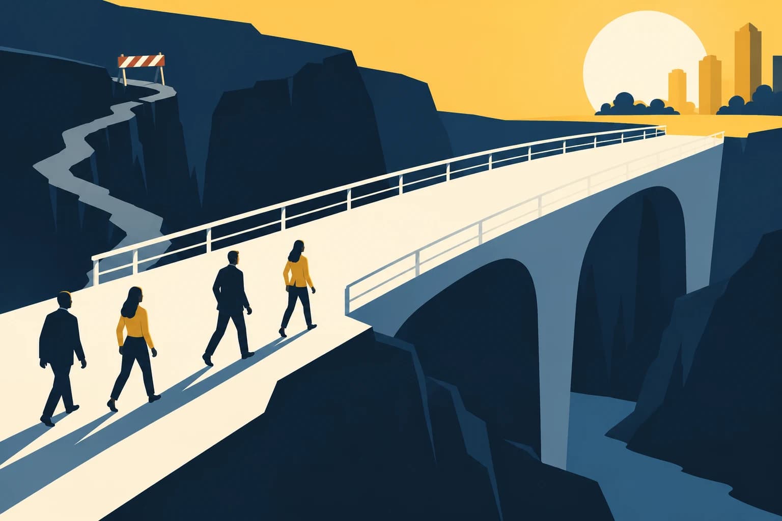 An open, guarded bridge offers a safe route while a blocked path invites a risky detour