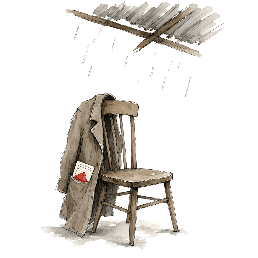 A coat on a chair, rain on the roof, a ferry ticket slipping from the pocket.