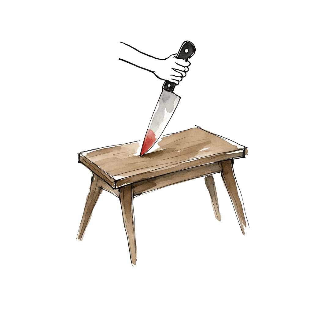 Two hands on one knife stuck in a table. Geography has already died.