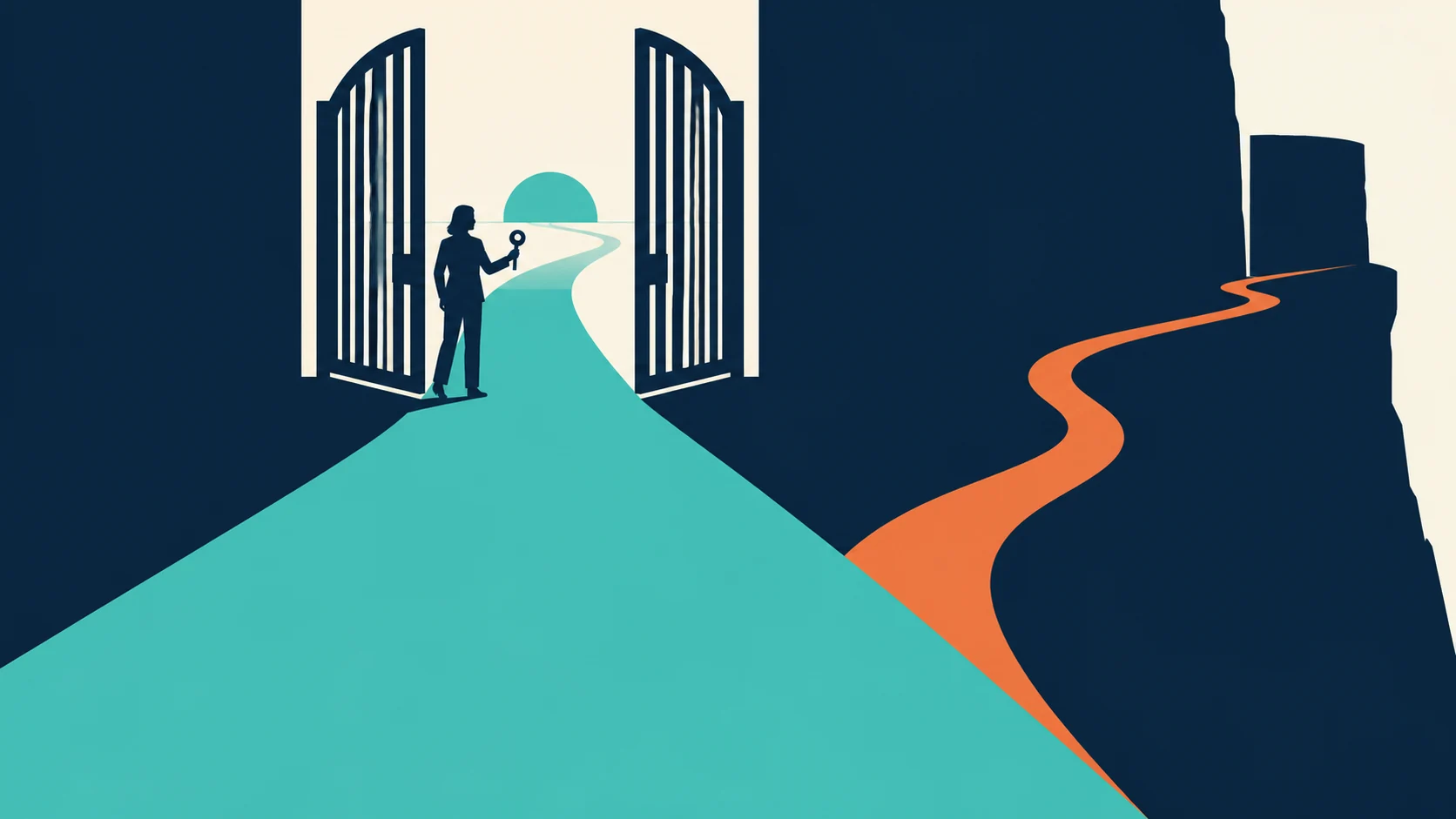 An illustrated approved route passes through an open gate while a tempting shortcut curves toward a dead end