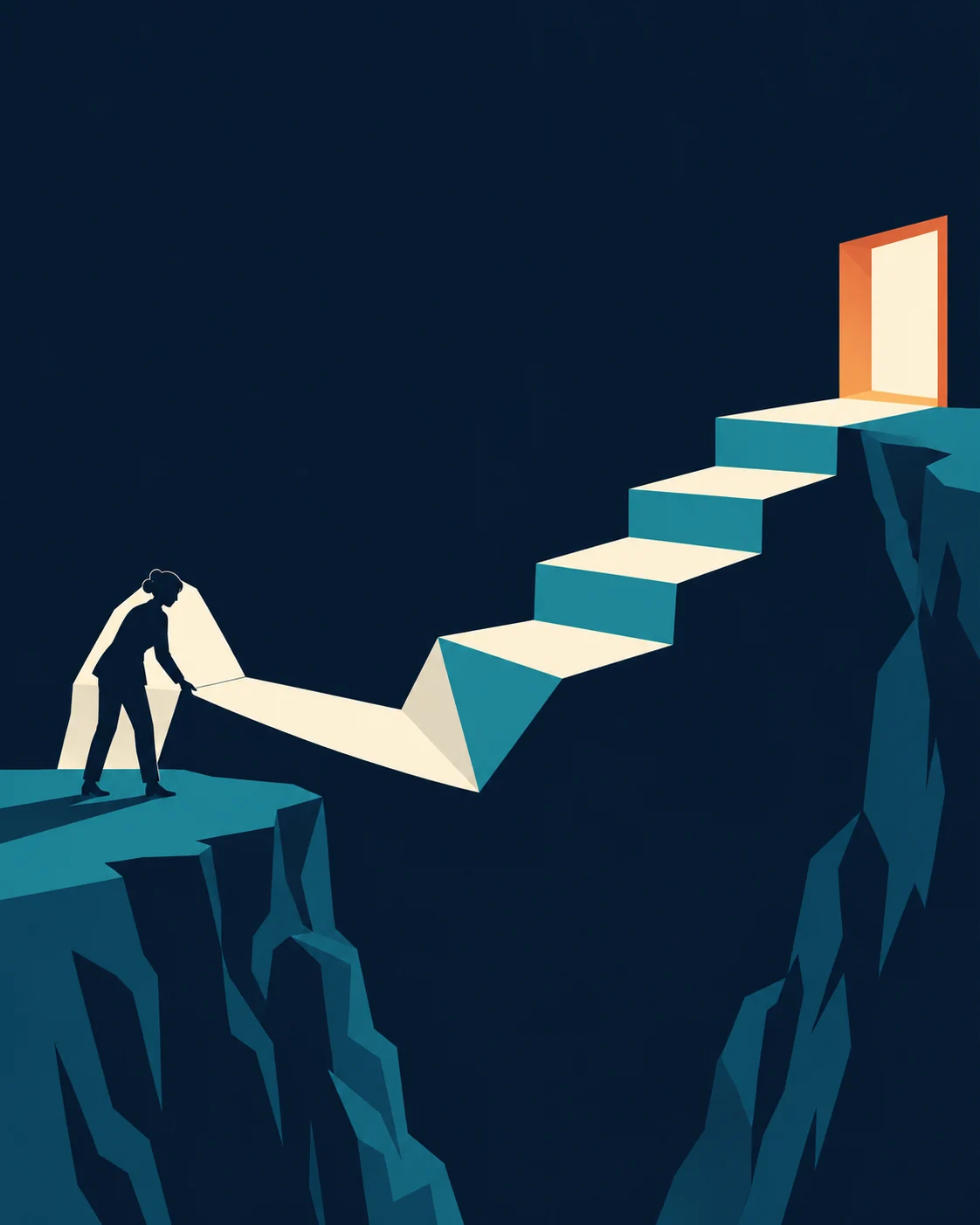 A person holds the beginning of a paper pathway that becomes sturdy steps toward an open door