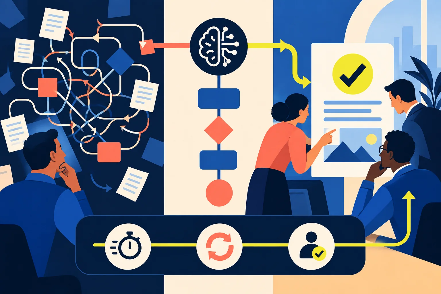 A tangled work process is rerouted through an AI step into a measured outcome reviewed by people.